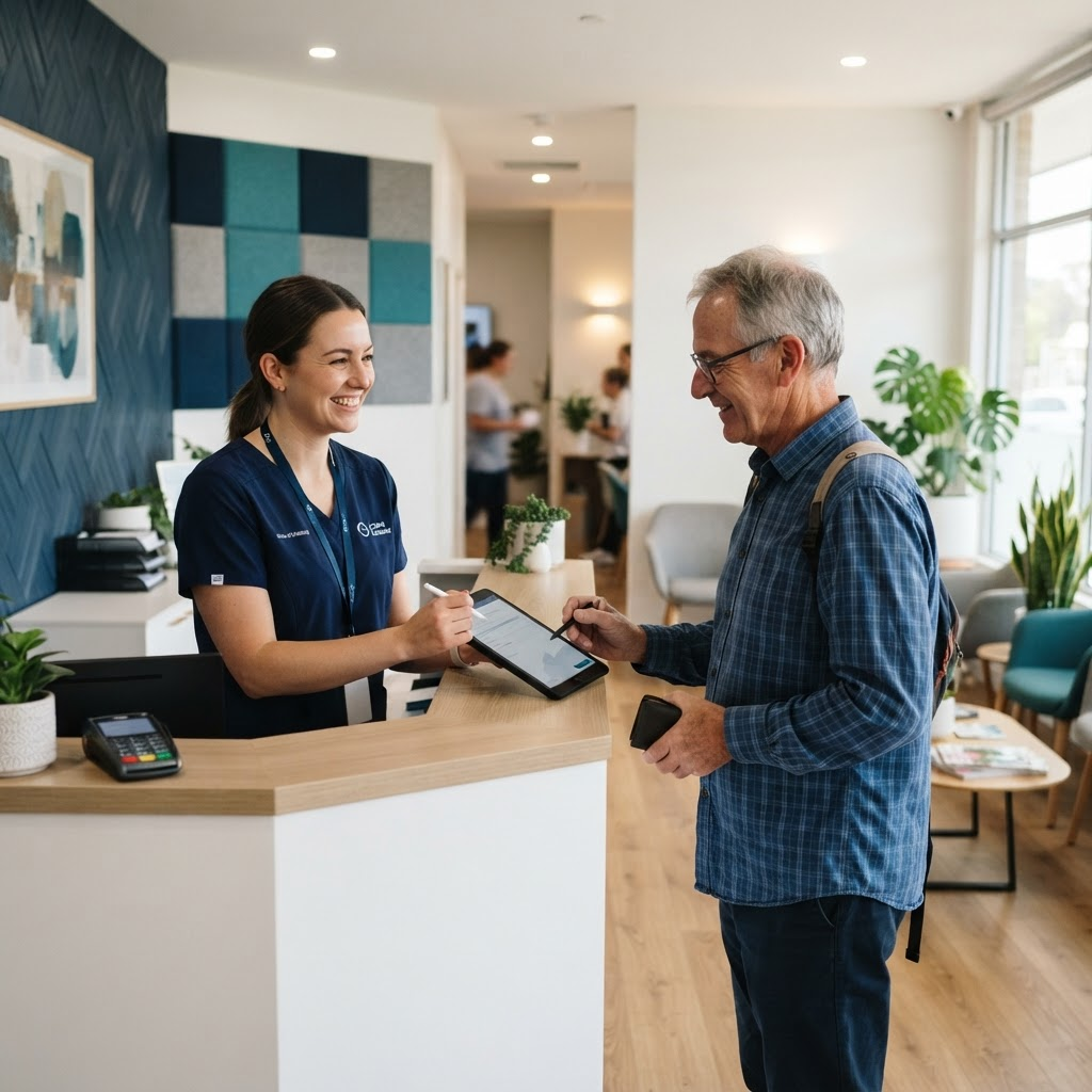 A dental clinic front desk staff member greeting a patient with a tablet
