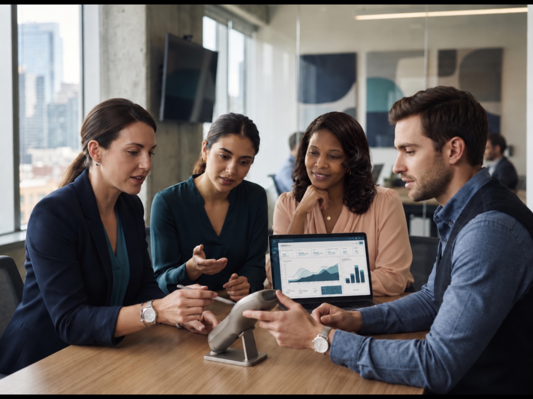 A cross-functional team reviewing sales analytics on a laptop alongside a medical device